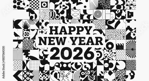 A festive black and white graphic design celebrating the new year 2026.