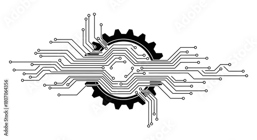 Abstract illustration featuring a gear integrated with a circuit board design.