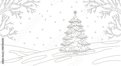 A Christmas tree stands in a snowy landscape, surrounded by bare trees as snowflakes fall.