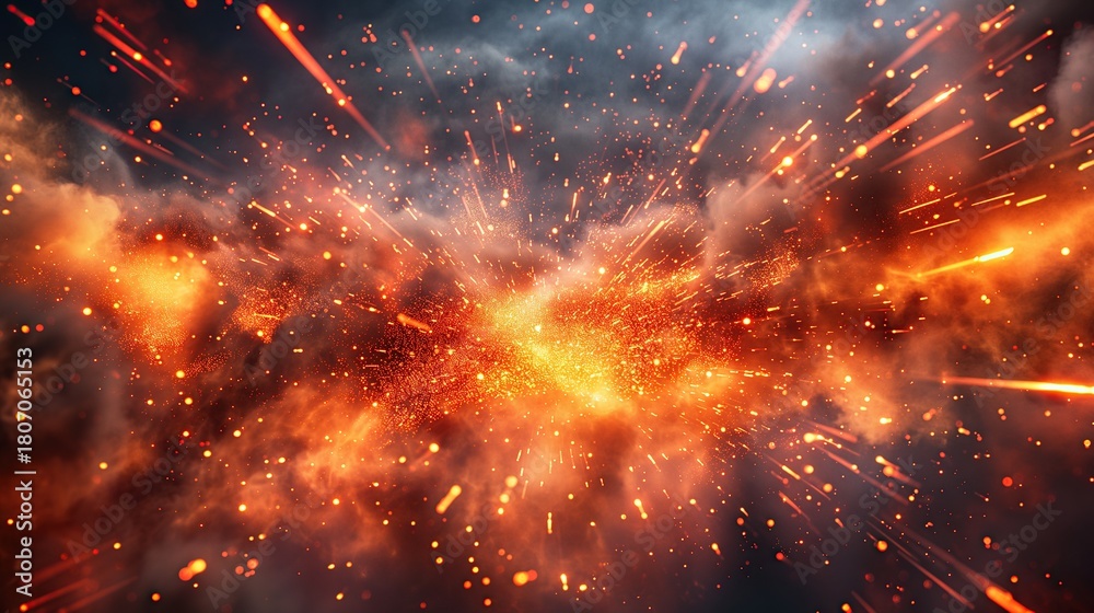 Fototapeta premium Abstract background of an explosion with sparks and smoke orange fire particles in the air and sparks flying from a large thunderstorm lightning in space