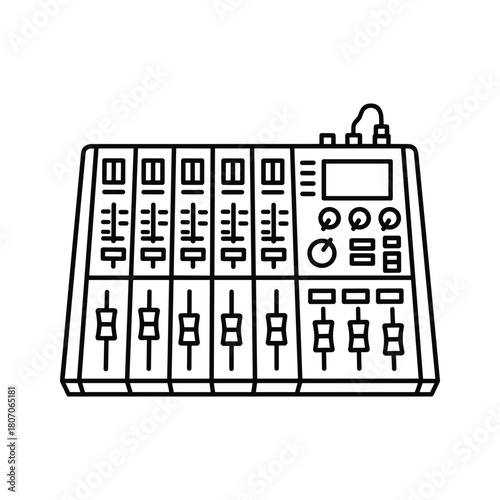 Audio mixing console with faders and knobs, isolated on