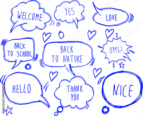 Set of hand-drawn blue speech bubbles with playful phrases like “WELCOME,” “LOVE,” “HELLO,” and more. Fun doodle collection perfect for stickers, posters, school designs, and creative projects.
