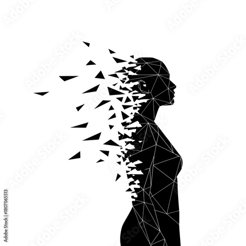 Silhouette of a woman dissolving into geometric fragments, artistic concept.