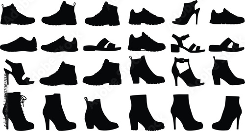 Footwear silhouette collection, black shoe icons, fashion design elements, sneaker, boot, sandal, heel, dress shoe, vector set, isolated