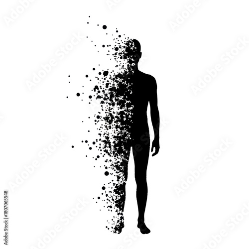 Black silhouette of a human figure dissolving into particles.