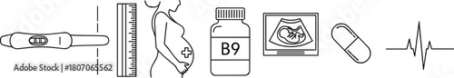 Flat vector illustration of pregnancy and prenatal care icons, medical symbols, fetus monitoring, supplements, ultrasound, health check, maternity concept