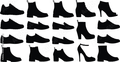 Footwear silhouette collection, black shoe icons, fashion design elements, stylish boots, high heels, sneakers, loafers, vector shoes, retail illustration