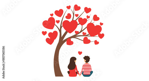 An adorable couple finds solace and connection under a whimsical tree adorned with vibrant heart-shaped leaves, symbolizing enduring love and romantic devotion in a tender, illustrative scene