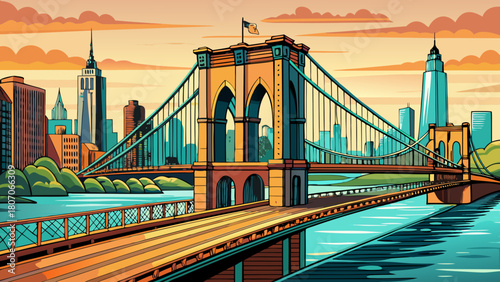 Very beautiful hand-drawn illustration of the Brooklyn Bridge in New York, featuring clean lines, balanced perspective, and artistic detailing that highlights the bridge’s structure and the serene wat