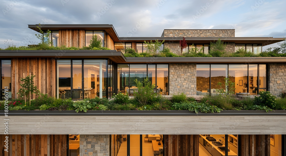 Fototapeta premium Sustainable Modern Architecture showcased in an eco-friendly building with a lush green roof, wood siding, and large glass windows at twilight
