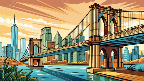 Very beautiful hand-drawn illustration of the Brooklyn Bridge in New York, featuring clean lines, balanced perspective, and artistic detailing that highlights the bridge’s structure and the serene wat