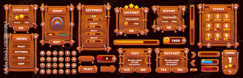 Wooden game interface with wood, ropes, carved planks, vector GUI asset. Wooden menu and shop, rewards, victory defeat screen, interface setting and buttons. Game progress wood bar and level selection