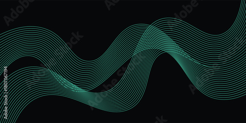 Abstract background with waves for banner. Web banner size. Vector background with lines. Element for design isolated on black. Blue and black gradient. Night, ocean