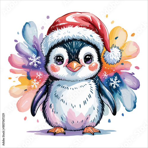 Charming christmas penguin with watercolor splash isolated on