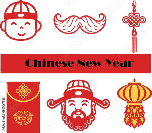Chinese New Year Icons Vector Set Traditional Festive Red Illustrations