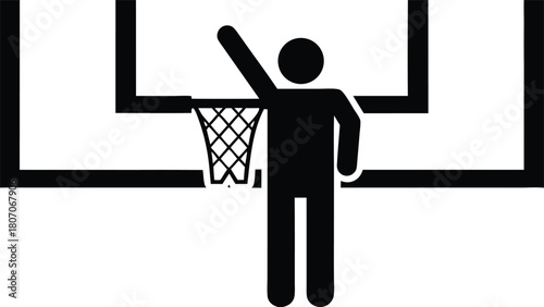 Basketball Player Scoring Hoop Icon: Black and White Graphic Silhouette for Sports Illustration                                                       