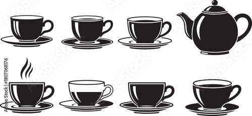 Collection of black silhouette coffee and tea cups and teapot on white background
