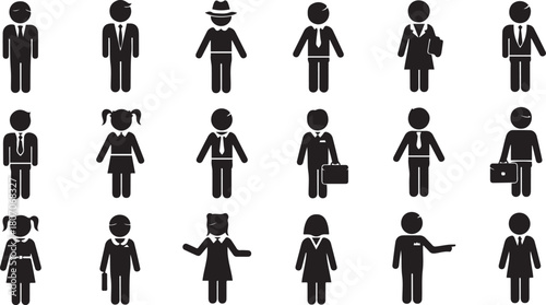 Collection of fifteen black silhouette icons of men and women in business attire people