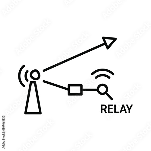 Radio tower transmitting signal to a relay station with wireless communication icon