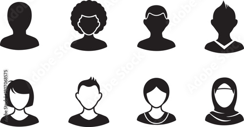 Set of Diverse Human Avatar Icons in Black Silhouette people user