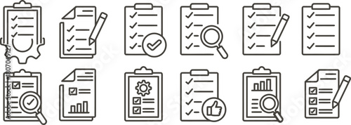 checklist, clipboard, document, paper, pencil, pen, checkmark, tick, cross, magnifying glass, search, analysis, data, chart, graph, cogwheel, gear, settings, thumbs up, like, approval, agreement, list