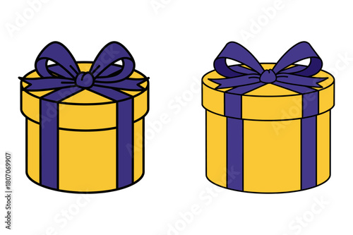 Set of Cylindrical Gift Boxes Vector Illustration with Purple Ribbon and Bow