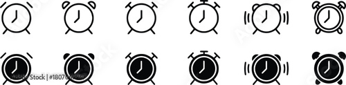 alarm clock, clock, time, wake up, morning, schedule, reminder, icon, set, collection, outline, silhouette, black and white, simple, graphic, design, element, symbol, object, vintage, retro, bell, rin