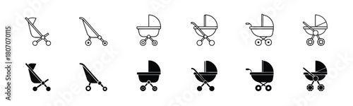 baby stroller, pram, carriage, infant, baby, transport, icon, symbol, set, collection, outline, filled, black and white, design, graphic, illustration, modern, classic, wheels, handle, hood, baby care