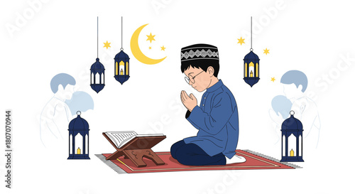 A young boy in Islamic attire prays at a Quran stand during Ramadan with lanterns and a crescent moon decoration.