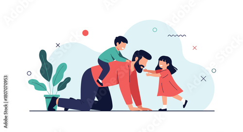 Father playing with his two children on a light blue background with abstract shapes.