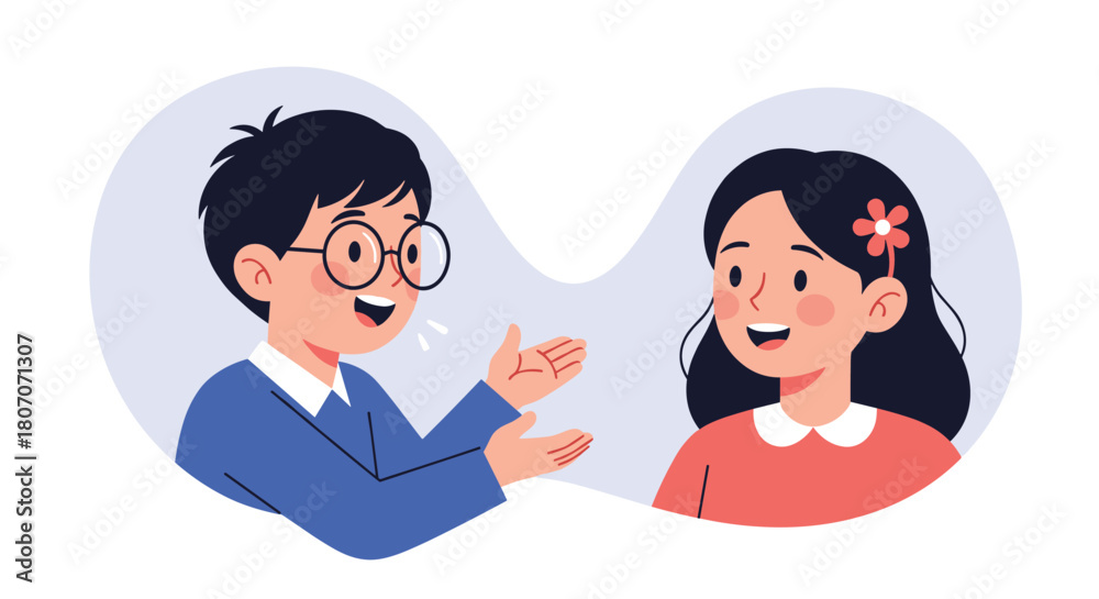 Fototapeta premium Illustration of two happy children talking to each other against a soft blue background.