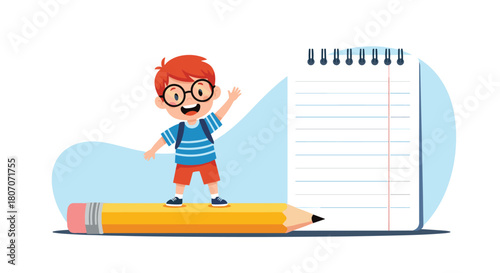 Happy cartoon boy wearing glasses and backpack stands on a giant pencil next to a notebook.