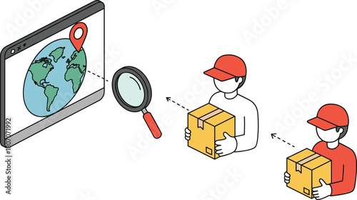 Global delivery logistics, package tracking system, courier service illustration, supply chain workflow, shipping process, ecommerce distribution
