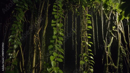 Enchanting scene of dense tropical vines and verdant foliage cascading from a dark canopy in a vibrant, dimly lit rainforest
