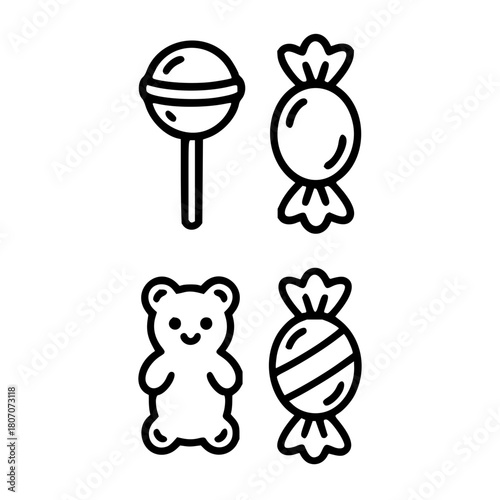 Delightful collection of sugary confections a lollipop, wrapped sweets, and a charming gummy bear in clean line art
