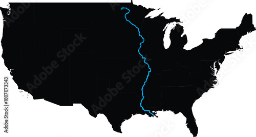 Simplified Vector Map of the Mississippi River on the Map of the USA