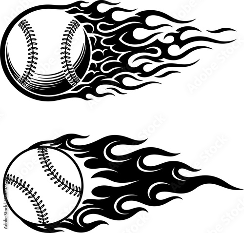 Flaming Baseball Vector Set, silhouette of flaming baseball vector