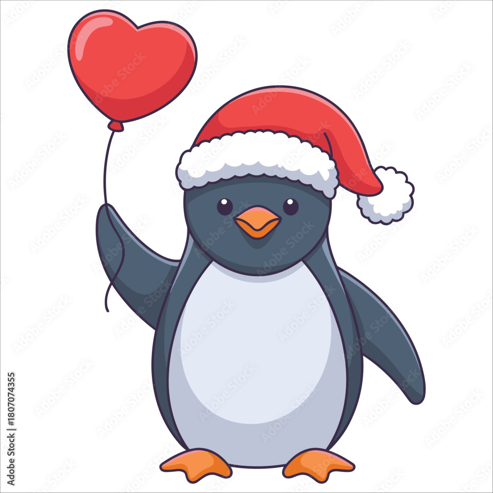 Fototapeta premium Festive penguin with santa hat holding a heart balloon isolated on