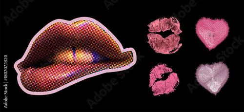 Red lips with kiss marks and hearts on black background in halftone style. Nostalgia Set y2k brutalism