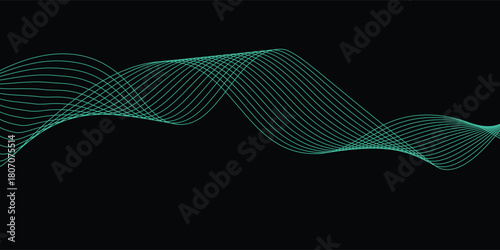 Abstract background with waves for banner. Web banner size. Vector background with lines. Element for design isolated on black. Blue and black gradient. Night, ocean