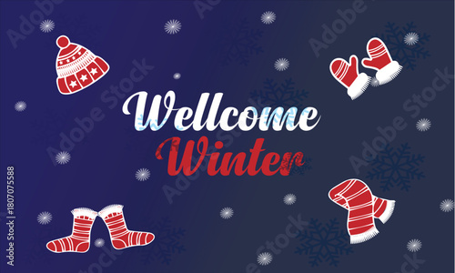 Welcome Winter Illustration | Cozy Winter Background with Snowflakes, Mittens, Hat & Socks | Festive Seasonal Graphic for Social Media, Greeting Cards & Winter Posts”