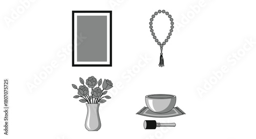 Home decor, spiritual, and memorial icons: frame, beads, flowers, ritual Vector