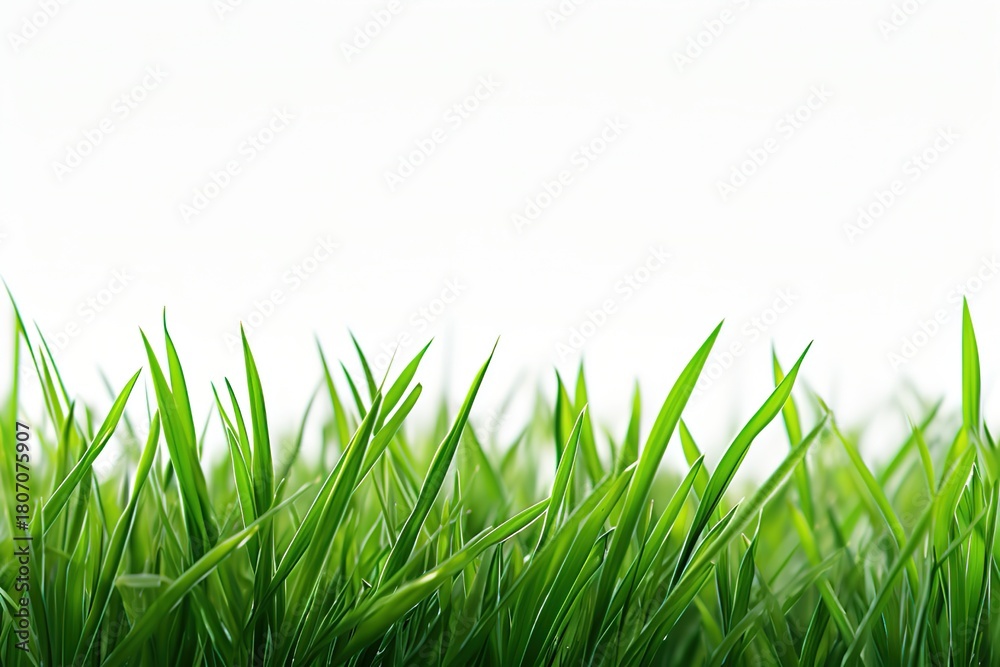Fototapeta premium Close-up of vibrant green grass blade on white background, symbolizing vitality and natural purity