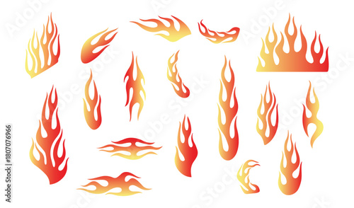 Flame decal. Red yellow gradient fire flames tattoo, tribal fire vinyl burning stickers for sport car and motorbike. Hotrod muscle car, motorcycle racing graphics. Vector set