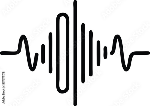 Sound Waveform Illustration, Single Black Line on White - Equalizer Signal Icon                                                                       