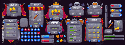 Medieval royal knight game interface asset. Vector UI stone board, sword and shield decorated menu. Royal game interface cartoon banners and medieval castle shop panel, victory screen and progress bar