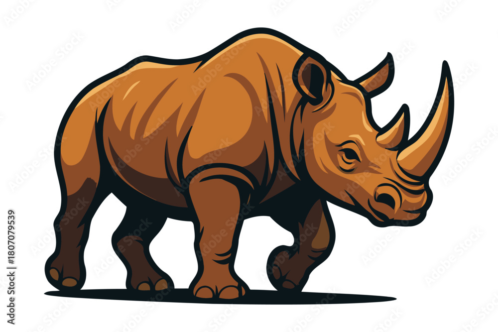 Obraz premium Powerful and majestic rhinoceros with two prominent horns walking forward with a determined stance and thick skin rendered in a vibrant cartoon illustration style