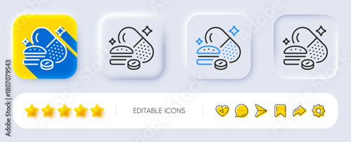 Overeating pills line icon. Neumorphic, Flat shadow, 3d buttons. Food digestion capsule sign. Unhealthy nutrition symbol. Line overeating pills icon. Social media icons. Vector