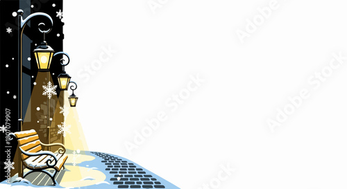 Illustrative winter night scene with glowing street lamp illuminating a snow covered bench and cobblestone path. Cozy winter night ambiance shows falling snowflakes,