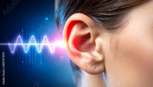 Conceptual image of an ear with sound waves, representing hearing and acoustics vividly